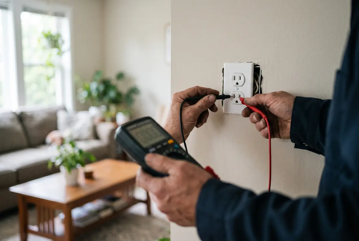 Electrician testing a wall outlet with a multimeter