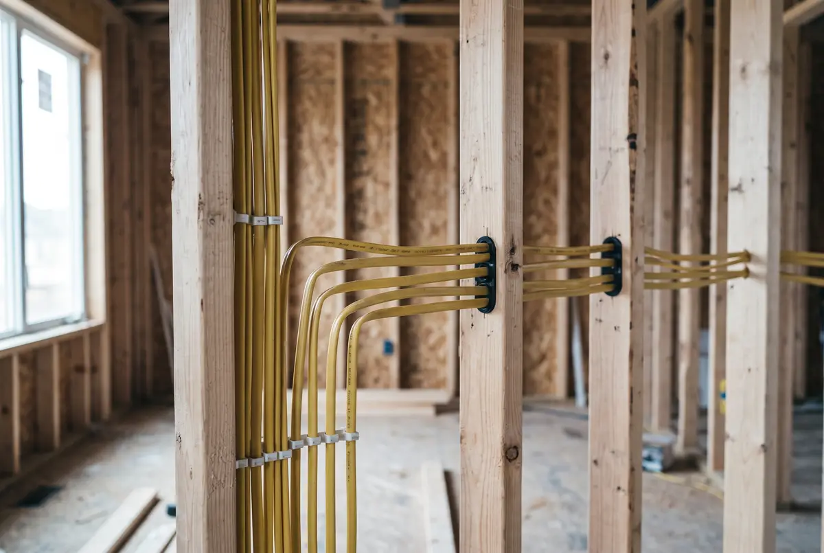 Neat new copper wiring run through open framing