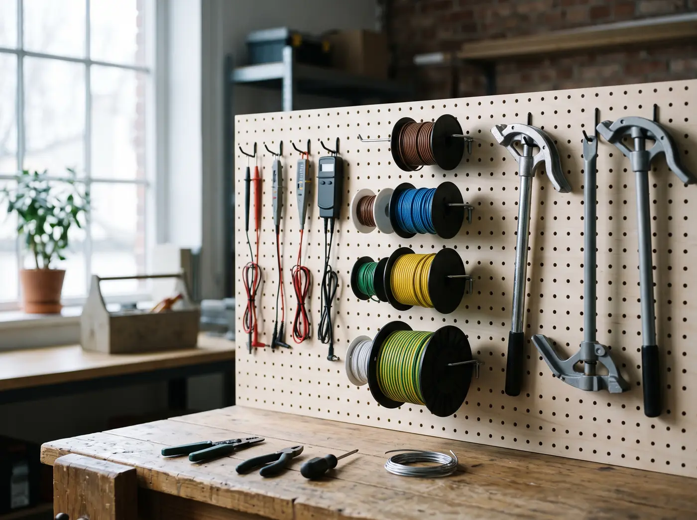 The Gridline shop wall: testers, wire spools, and conduit benders in order