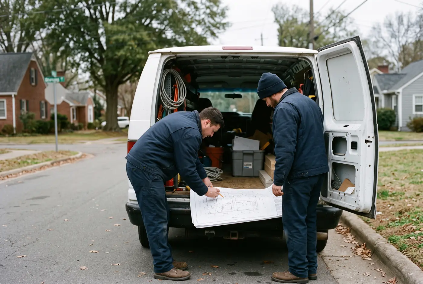 Two Gridline electricians reviewing plans at their van on a Charlotte street