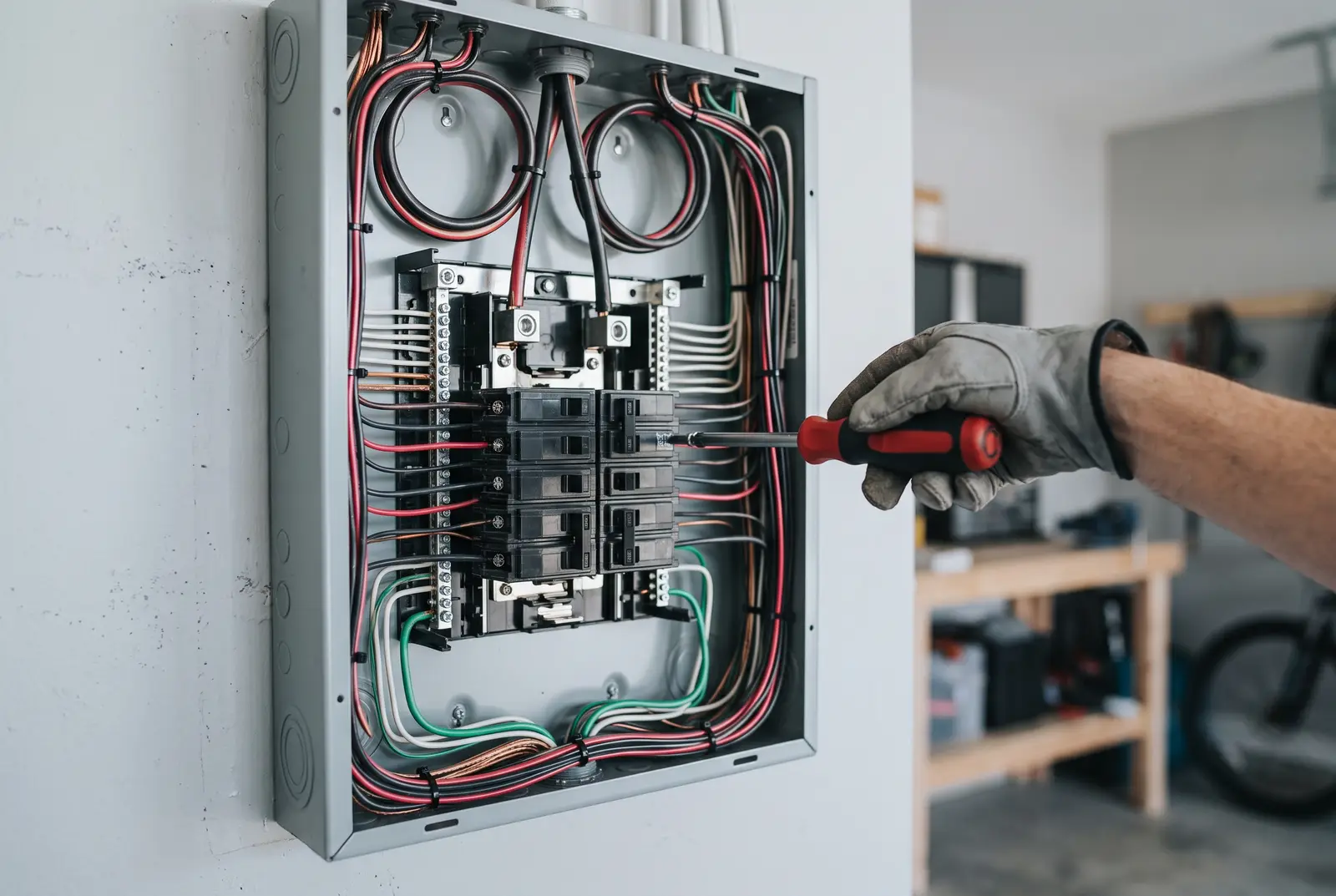 Immaculate electrical panel with perfectly combed wiring, torque screwdriver mid-turn