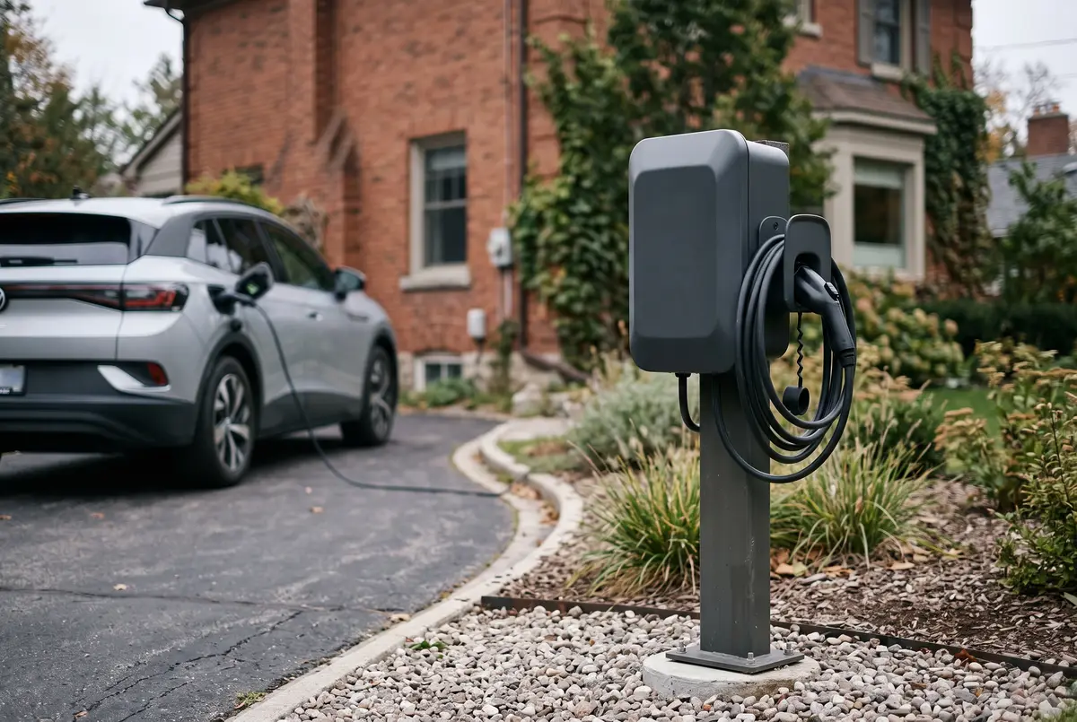 Outdoor-rated EV charger on a pedestal beside a driveway