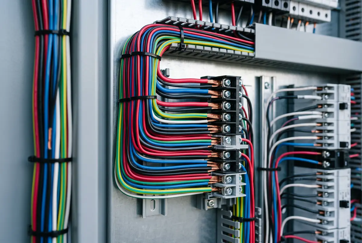 Close-up of perfectly combed wiring inside an upgraded electrical panel