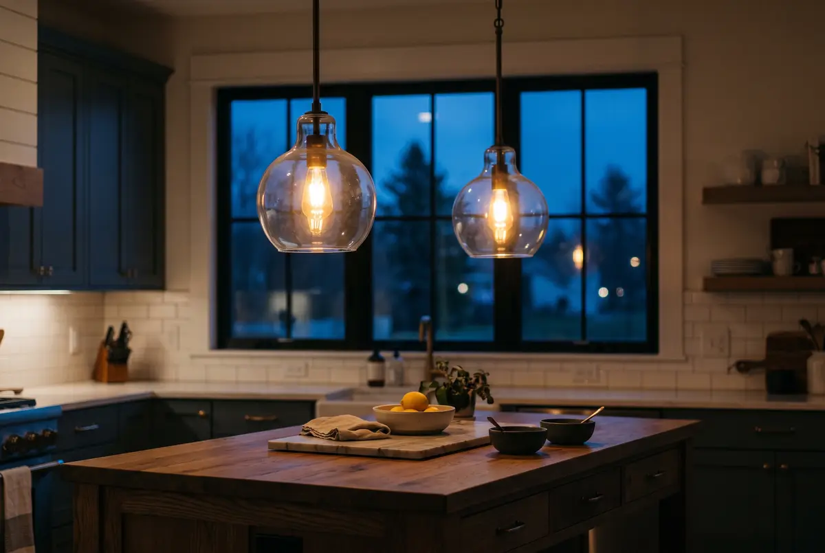 Pendant lights over a kitchen island at dusk