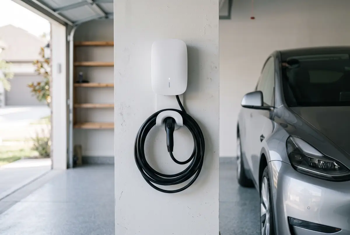 Wall-mounted EV charger with neatly coiled cable