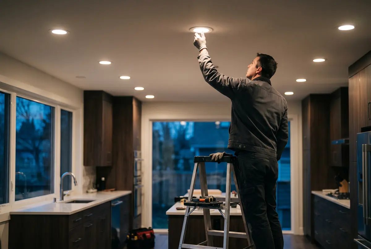 Warm recessed lighting installed in a modern kitchen ceiling